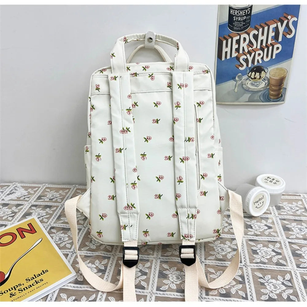 Mochila de moda de gran capacidad para mujer, mochila con estampado de flores y asa para estudiantes, mochila escolar de nailon de estilo japonés para estudiantes
