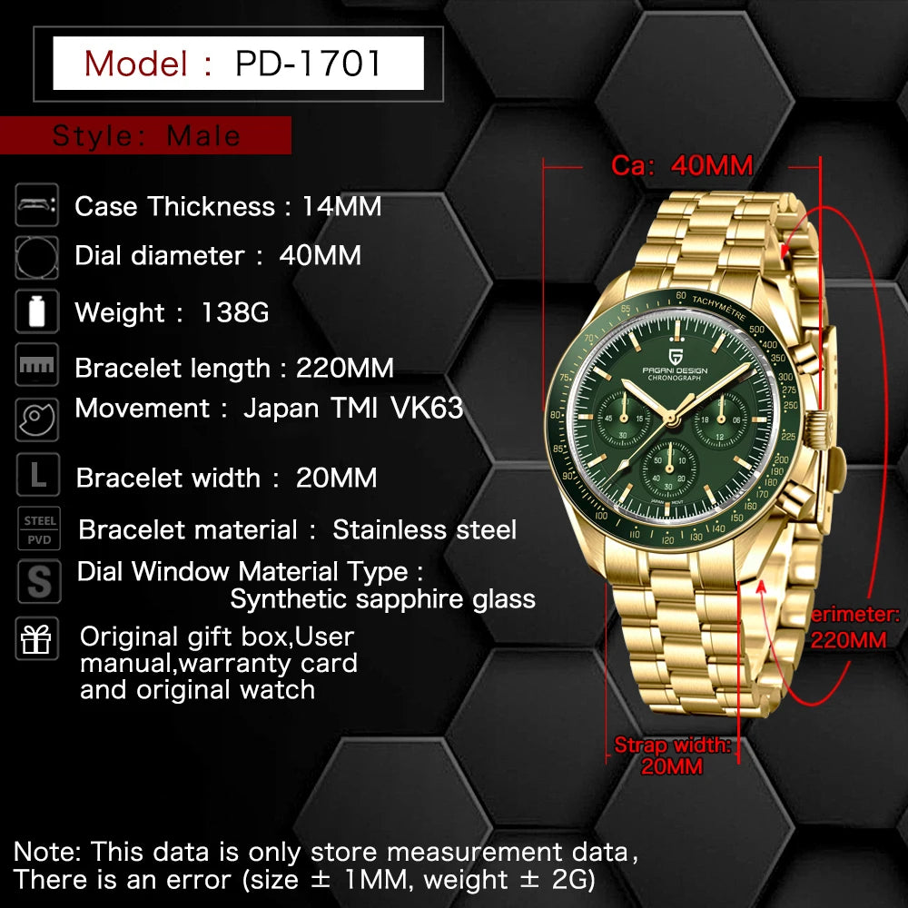 Relojes PAGANI DESIGN Moon para hombre, reloj de cuarzo de lujo dorado, cronógrafo deportivo, zafiro AR, resistente al agua, luminoso, regalo para hombre