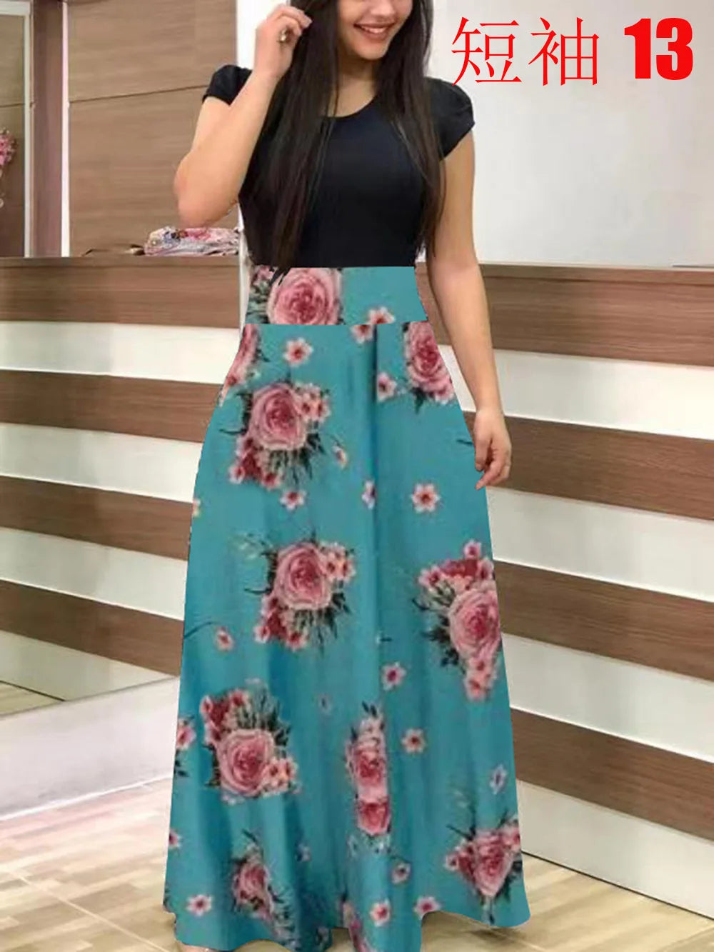 Vestido de manga corta a juego con estampado de flores de estilo europeo y americano para mujer, falda con vuelo grande, 2024