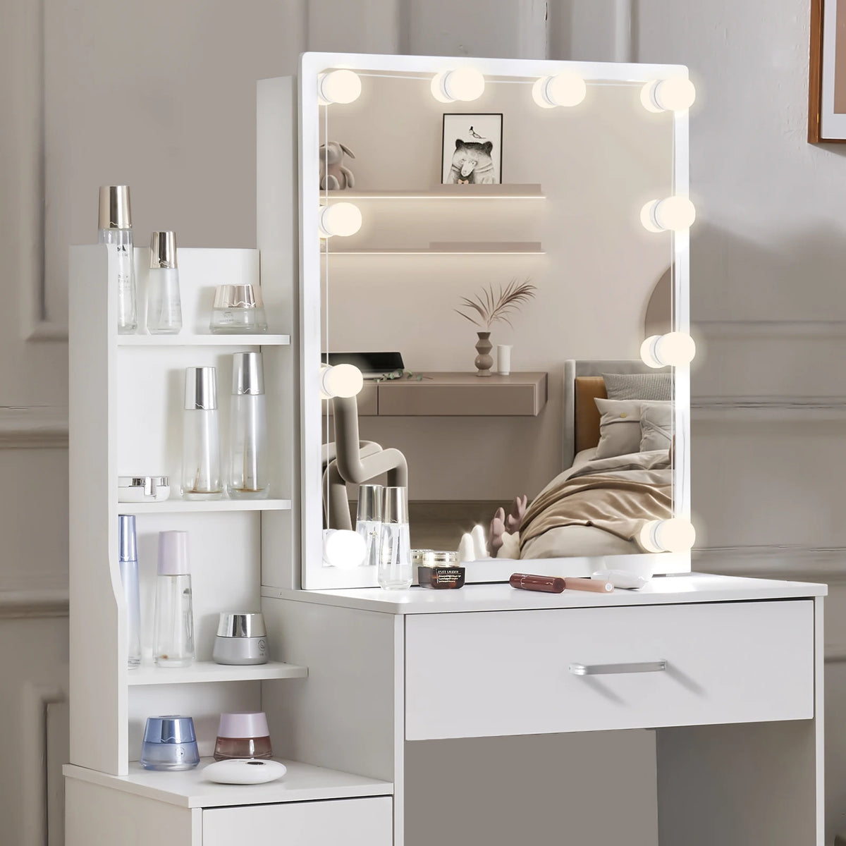 Mesa de tocador LED con espejo deslizante, escritorio de maquillaje blanco, taburete de 4 cajones, tocador para mujer, muebles glam