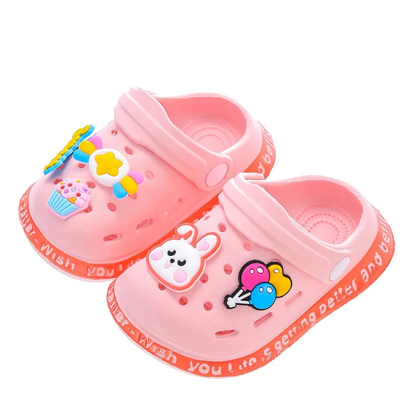 Sandalias de verano para niñas, niños, niñas, sandalias de dibujos animados para bebés, tacón plano, zapatillas suaves sólidas de dibujos animados, calzado para jardín para niños