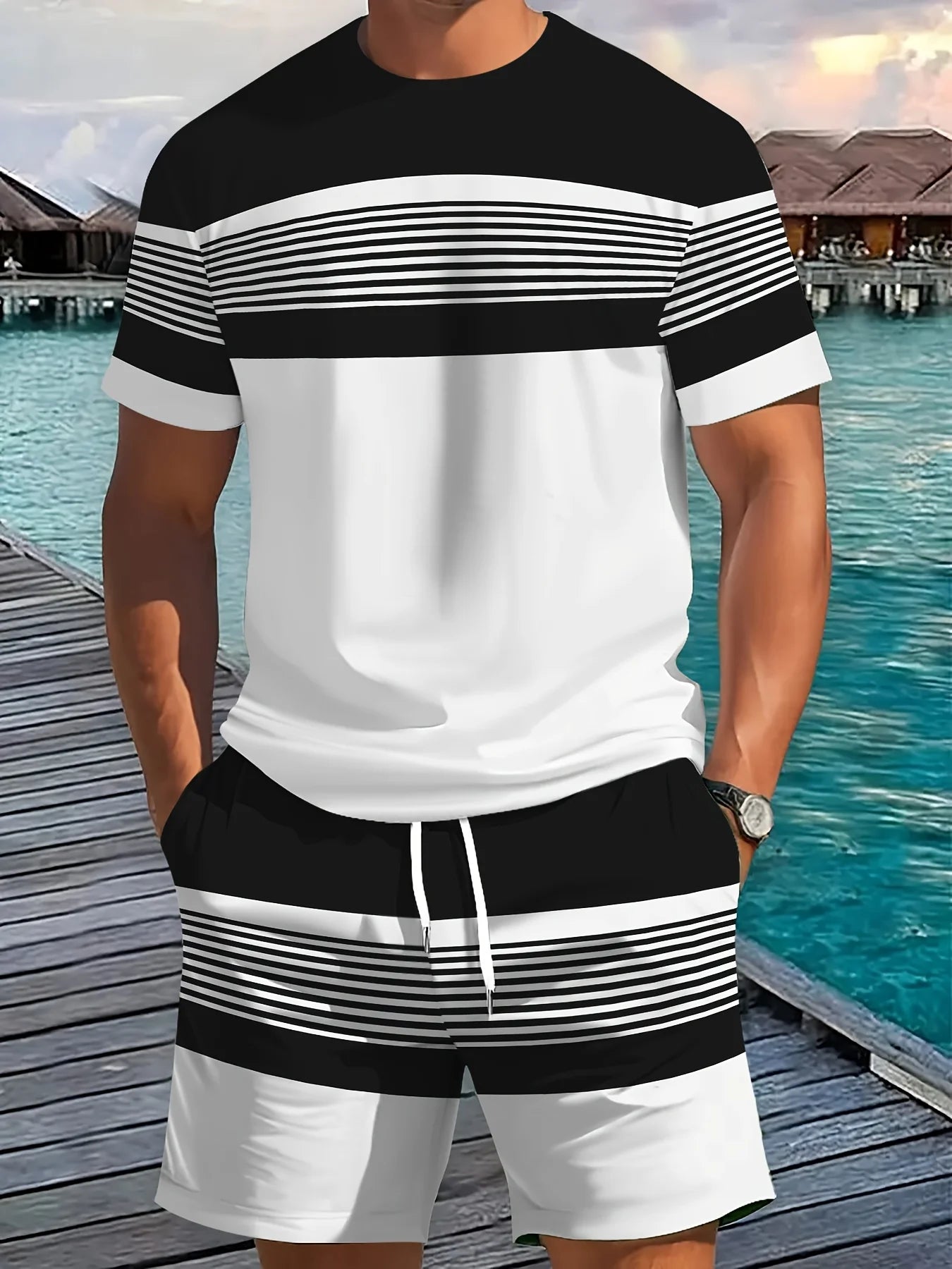Nueva ropa deportiva de verano para hombre, conjunto de camiseta de manga corta a rayas, ropa de viaje al aire libre de dos piezas, pantalones cortos de ajuste relajado, ropa de entrenamiento