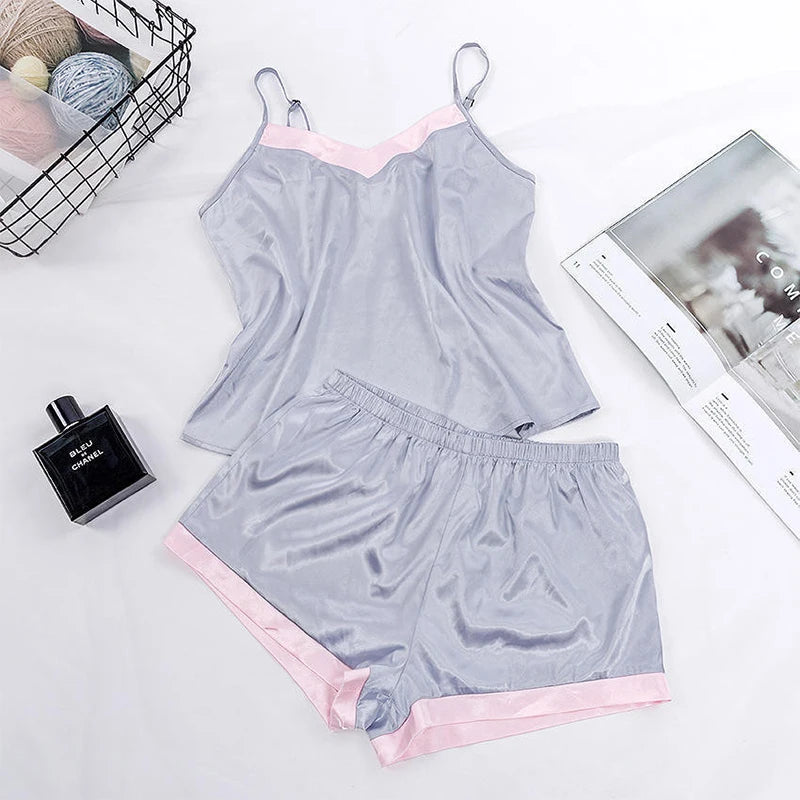 Pijama de encaje con estampado de puntos para mujer, conjuntos de Pijama con cuello en V, lencería Sexy de satén elástico, ropa de dormir, ropa de dormir para el hogar