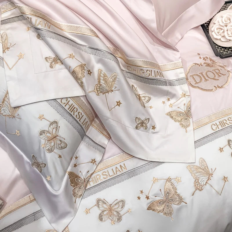 Juego de cama 100% de algodón, edredón bordado de mariposa dorada de lujo/funda nórdica, juegos de sábanas ajustadas, fundas de almohada, textiles para el hogar