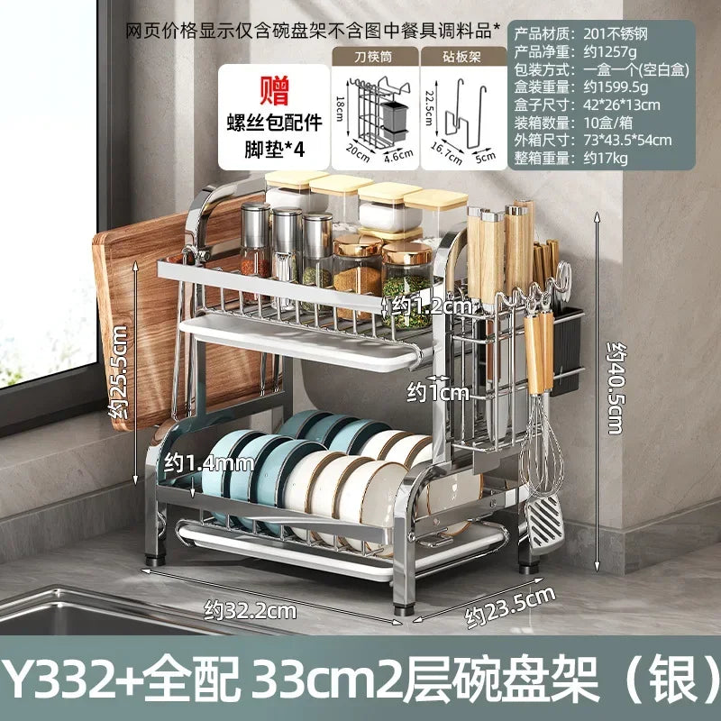 Estante para vajilla de 3 niveles, secado de platos de acero inoxidable 304 con bandeja, soporte de almacenamiento para mostrador de cocina con organizador de tabla de cortar