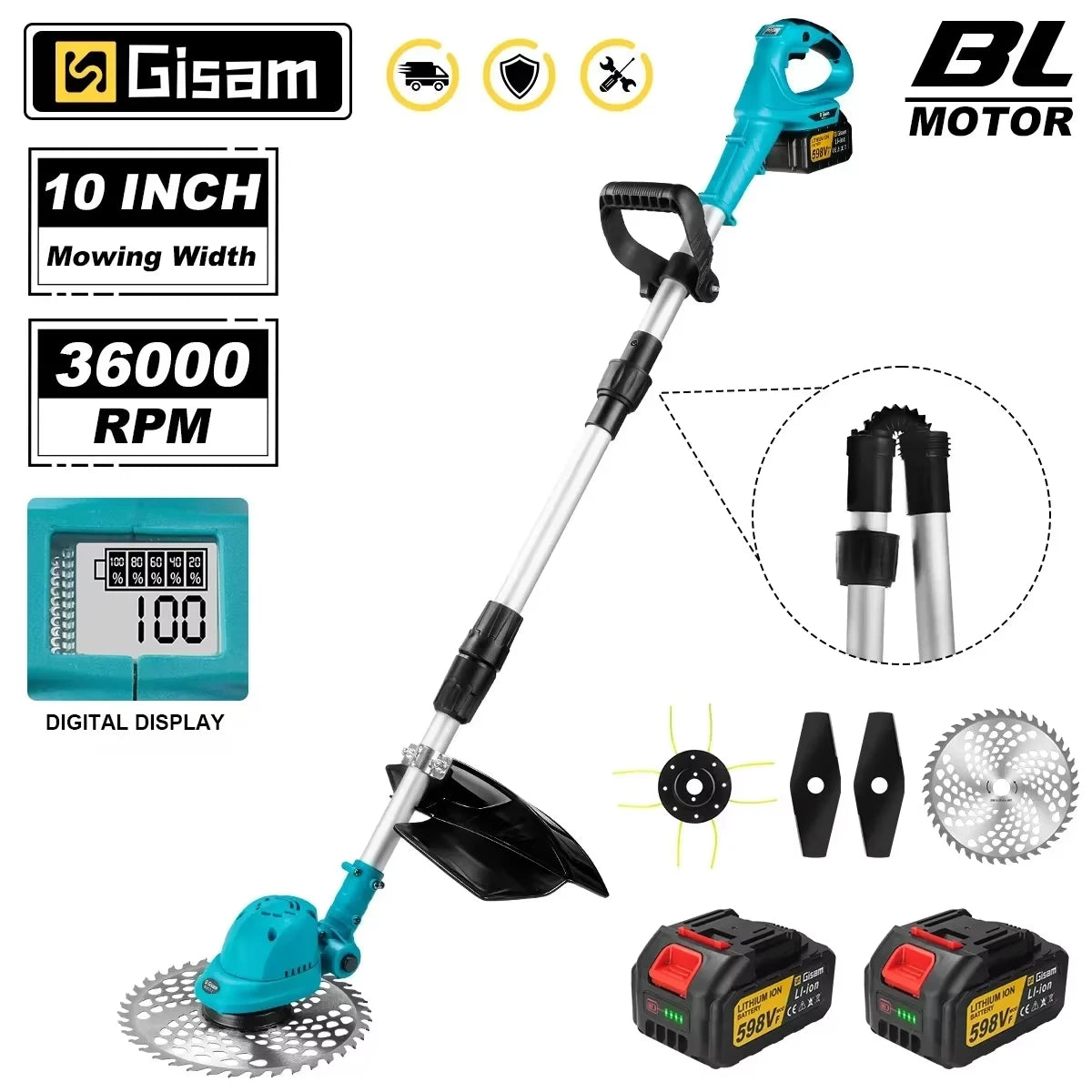 Gismis-cortadora de césped eléctrica sin escobillas, 10 pulgadas, 36000RPM, longitud ajustable, herramienta eléctrica de jardín para Pin de batería Makita de 18V