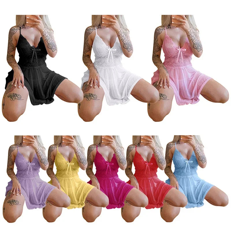 Ropa de dormir Sexy para mujer, camisones, vestido a través de encaje, lencería Sexy, vestido de noche, ropa interior para mujer, camisón de fiesta