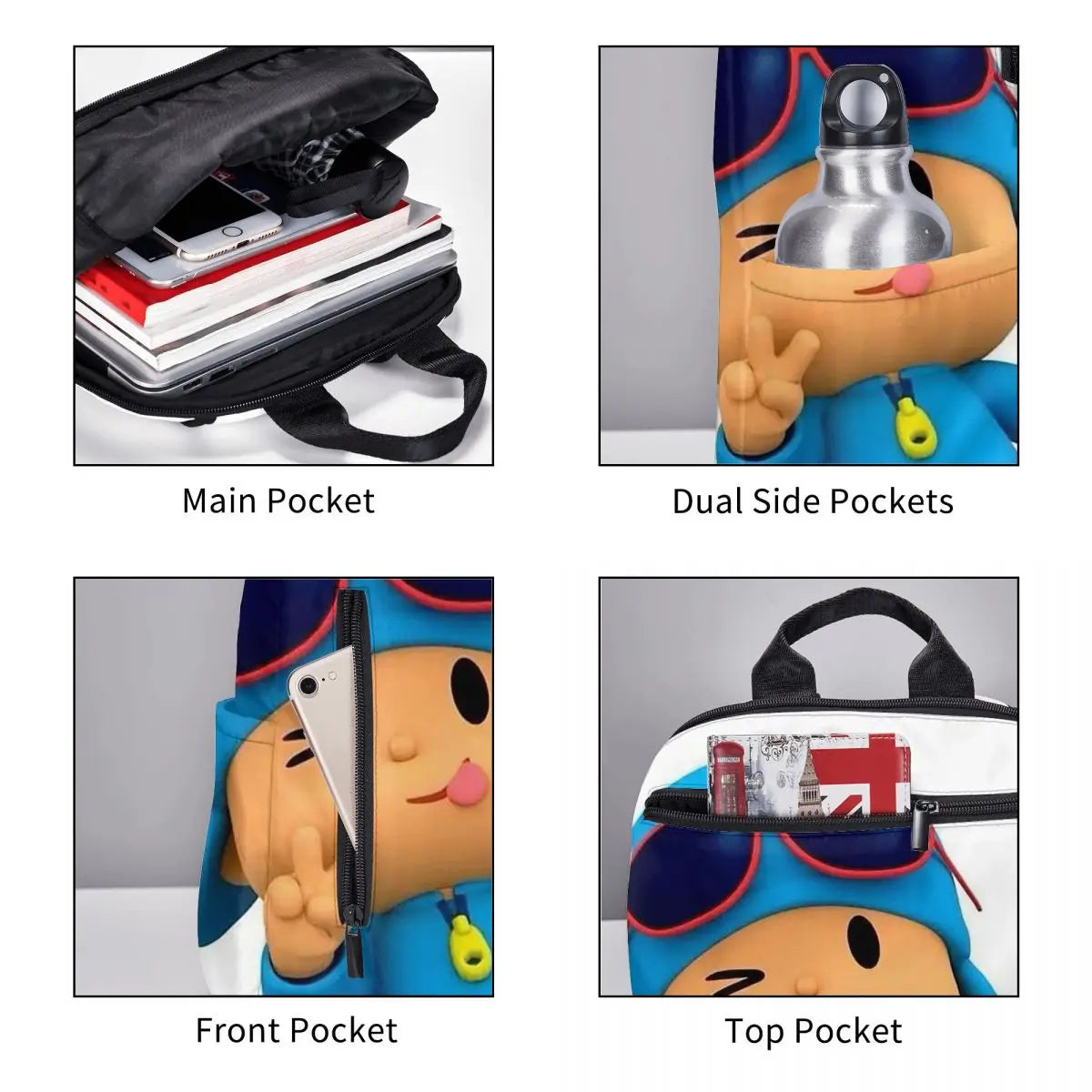 Mochila azul de dibujos animados de Pocoyo para niños, mochila de gran capacidad para niños, mochila escolar, bolsos de hombro para hombres y mujeres