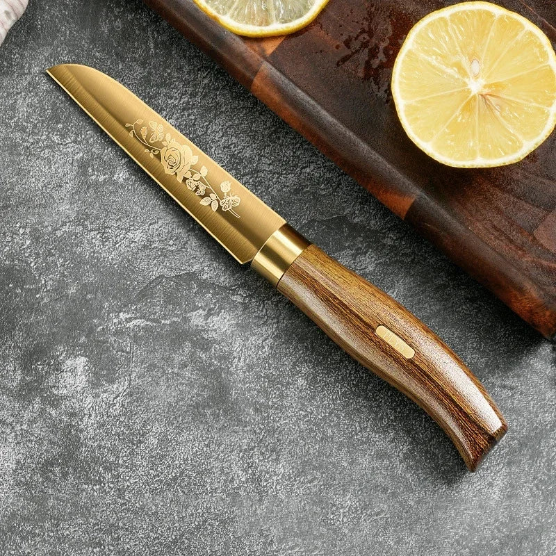 Juego de cuchillos de cocina de lujo dorados, ultra afilados, con hoja de acero inoxidable de primera calidad con revestimiento de titanio y mango de madera para cocinar, 4 piezas
