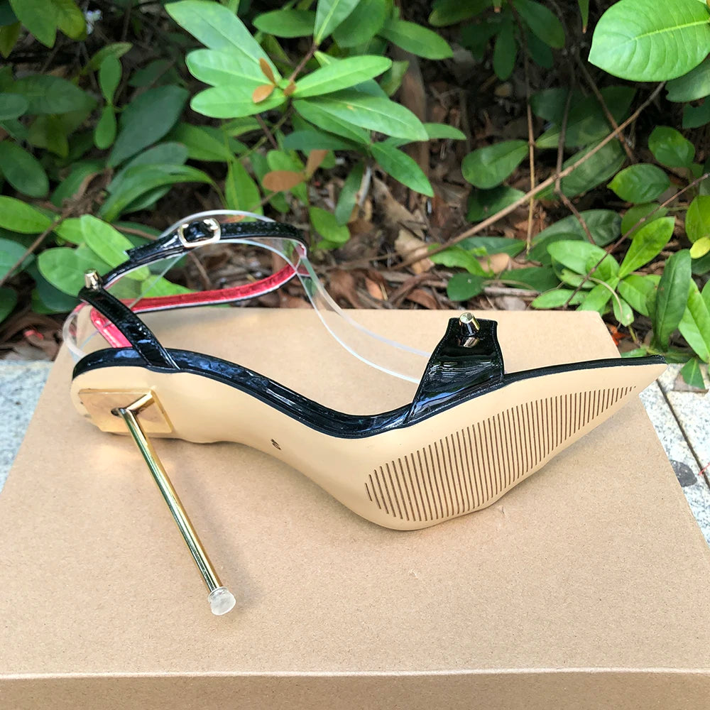 Zapatos de tacón de aguja para mujer, tacones altos de Metal de 12cm, sandalias sexis con correa en el tobillo y punta puntiaguda, modelo fetiche SM Man Drag Queen, zapatos Unisex