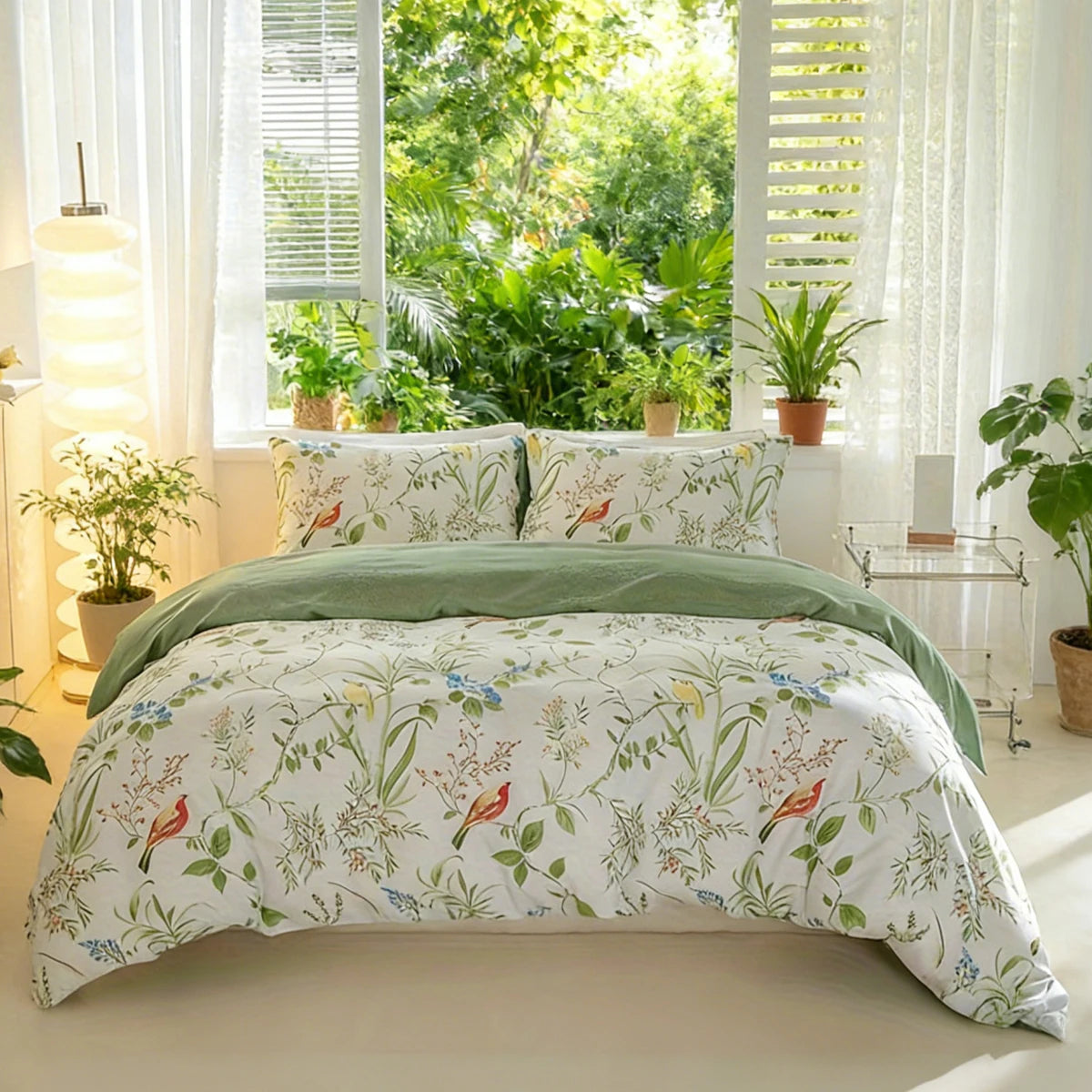Juego de funda nórdica con estampado floral de hojas, 3 unidades/juego (1 funda nórdica y 2 fundas de almohada), juego de ropa de cama suave y agradable para la piel