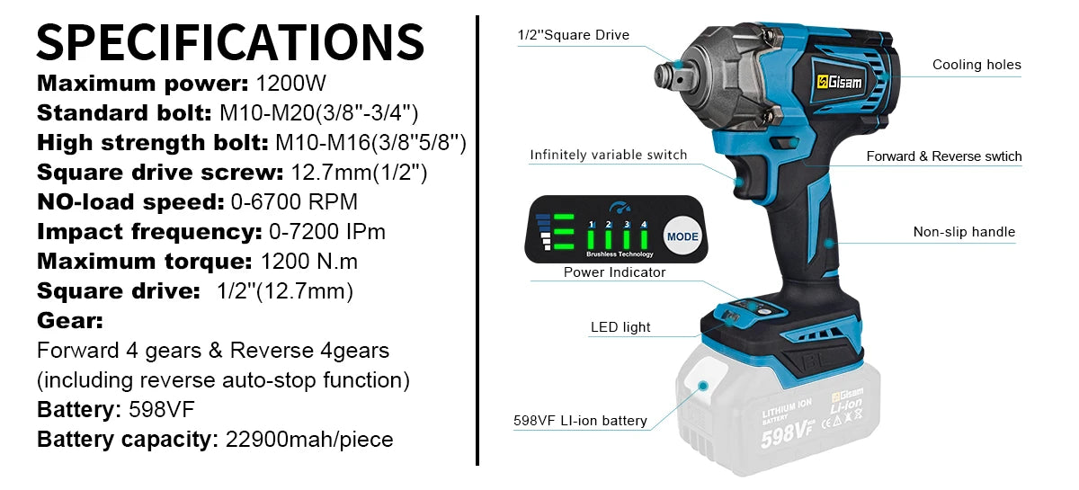Llave de impacto eléctrica sin escobillas, destornillador inalámbrico de 1/2 pulgadas, herramientas eléctricas sin batería para batería Makita de 18V, 1200n. M