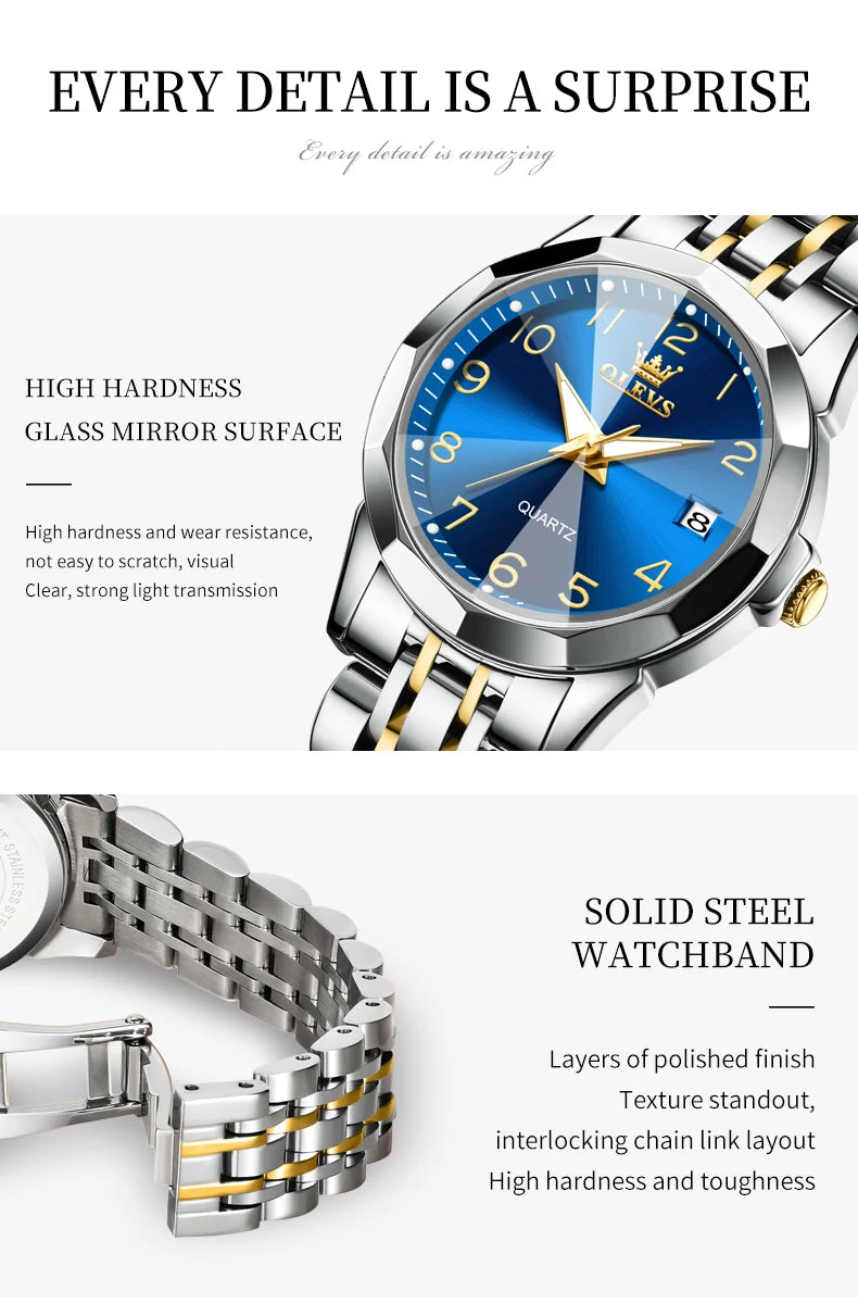 OLEVS 9970 reloj de lujo para parejas, reloj de pulsera con calendario resistente al agua de acero inoxidable para hombres y mujeres, reloj para amantes del espejo con rombos y esfera Digital