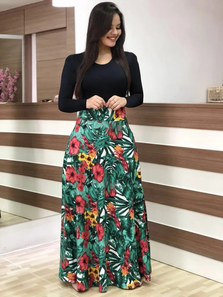Vestido de manga corta a juego con estampado de flores de estilo europeo y americano para mujer, falda con vuelo grande, 2024