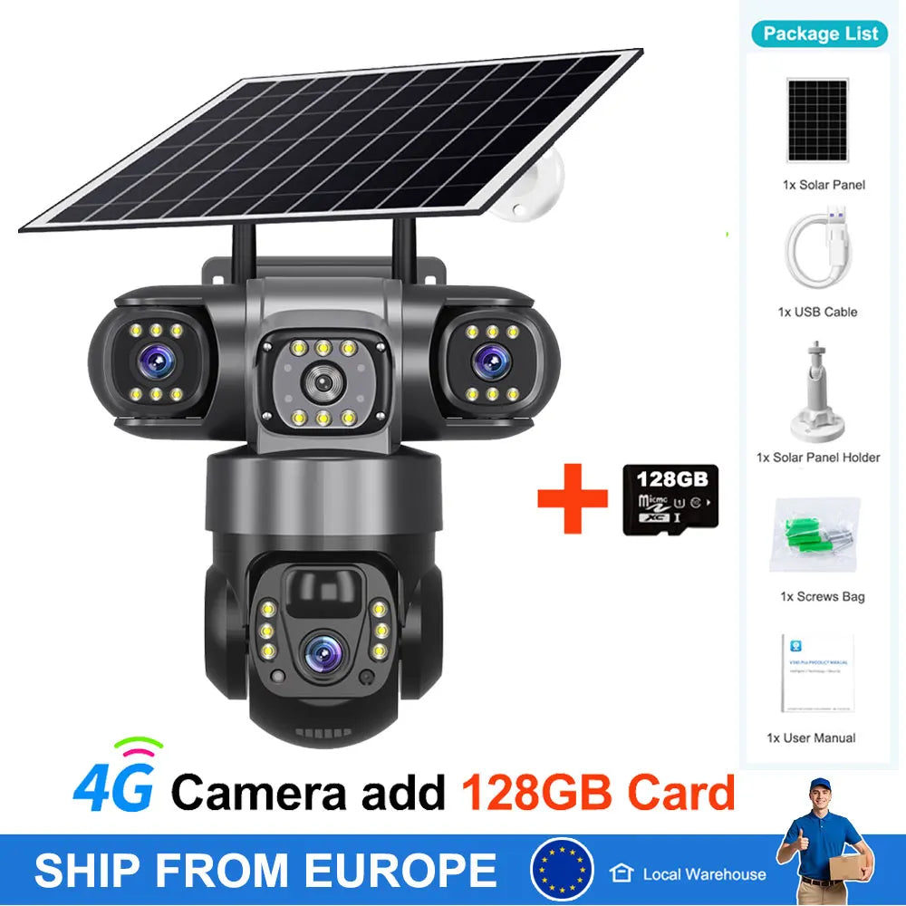 Cámara CCTV Solar con Tarjeta SIM 4G, 12MP, Seguridad Exterior, Monitor PTZ, Visión Nocturna, Cámara de Video y Batería Recargable