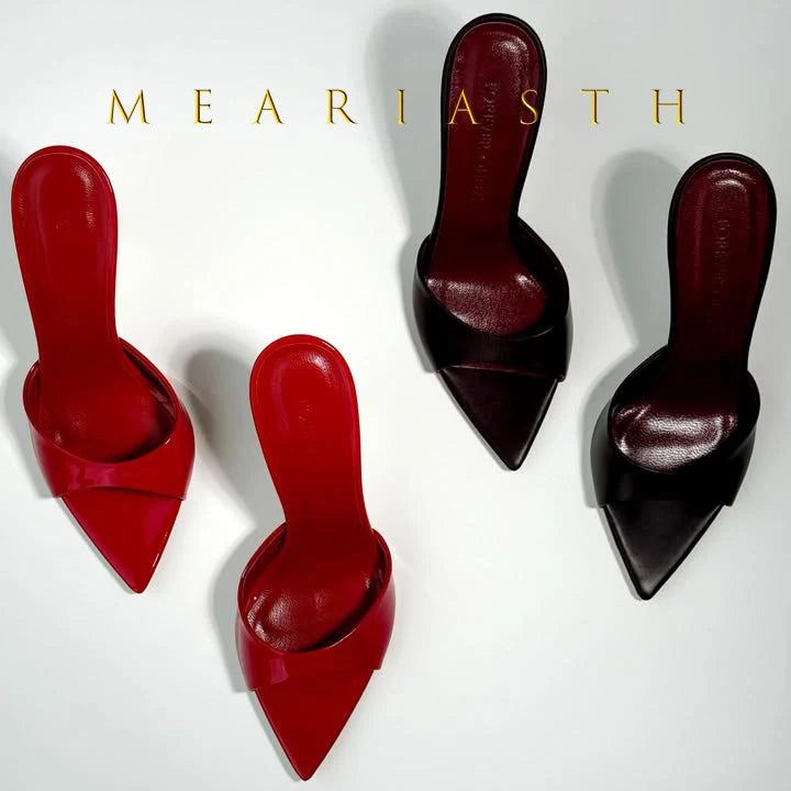 Mulas de cuero de Color caramelo para mujer, zapatos de tacón alto fino con punta abierta y punta abierta, zapatillas modernas sexis para fiesta para primavera y verano
