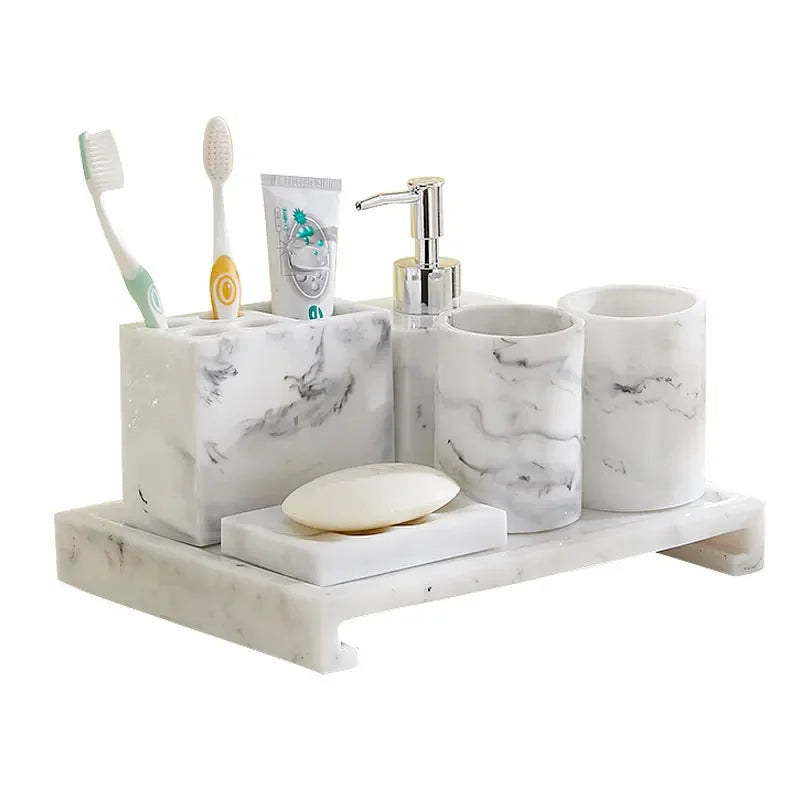 Juego de baño nórdico con diseño de mármol, accesorios de baño de resina, soporte para cepillo de dientes, dispensador de jabón, bandeja para platos