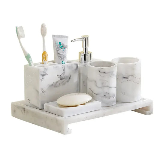 Juego de baño nórdico con diseño de mármol, accesorios de baño de resina, soporte para cepillo de dientes, dispensador de jabón, bandeja para platos