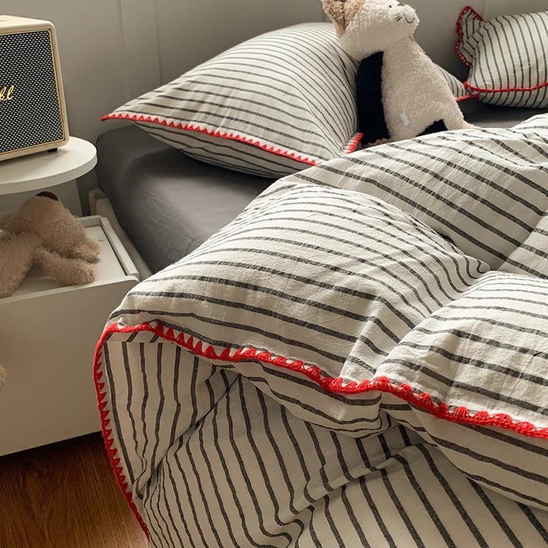 Juego de cama 100% de algodón a rayas, funda nórdica con funda de almohada, funda de edredón, tamaño King