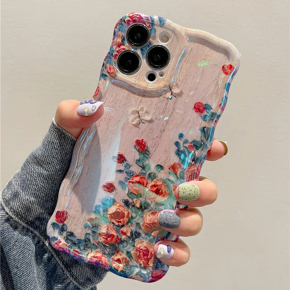 Funda de teléfono con pintura al óleo Retro para iPhone 13, 14, 15, 16 Pro Max 12, 11, funda de silicona a prueba de golpes con estampado de flores de lujo, decoración artística
