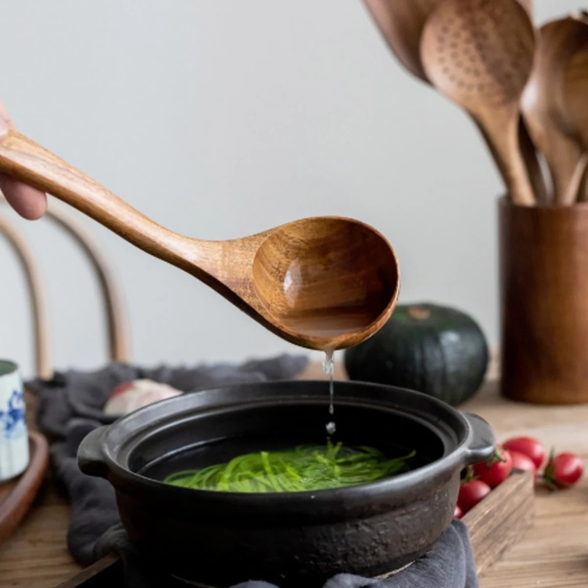 Utensilios de cocina de madera, juego de cuchara y espátula para el hogar, cuchara para ensalada, tenedor, cuchara agitadora, juego de cocina para hornear con cubo de almacenamiento