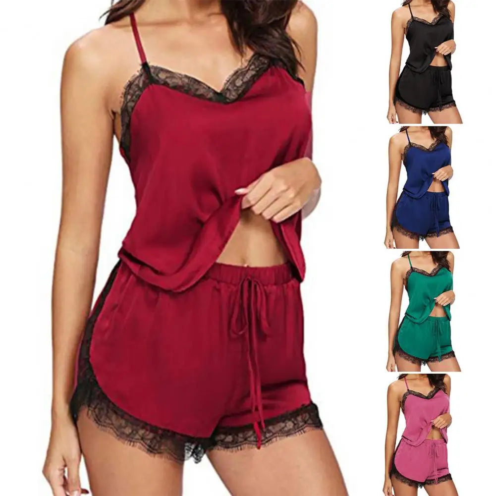 Conjunto de pijama de encaje para mujer, ropa de noche de retazos con cuello en V, pijama sedoso de verano, pantalones cortos con tirantes de encaje, Conjunto de pijama Sexy