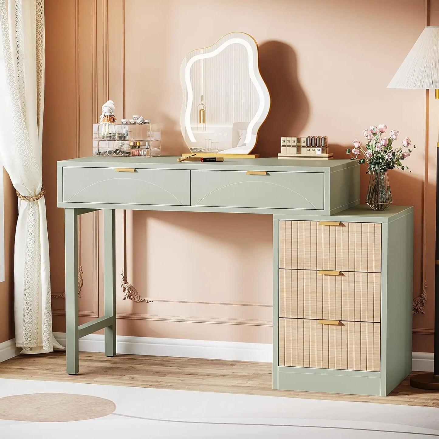 Makeup Vanity Desk with 5 Drawers, Modern Small Dressing Desk with Storage, Wood Make Up Table for Bedroom, Narrow, Customized