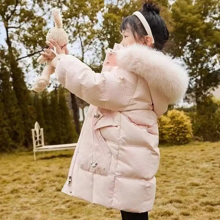 Chaqueta de plumón para niña, abrigo con cuello de piel gruesa holgada y de felpa, nuevo estilo, invierno 2026, 110-170cm