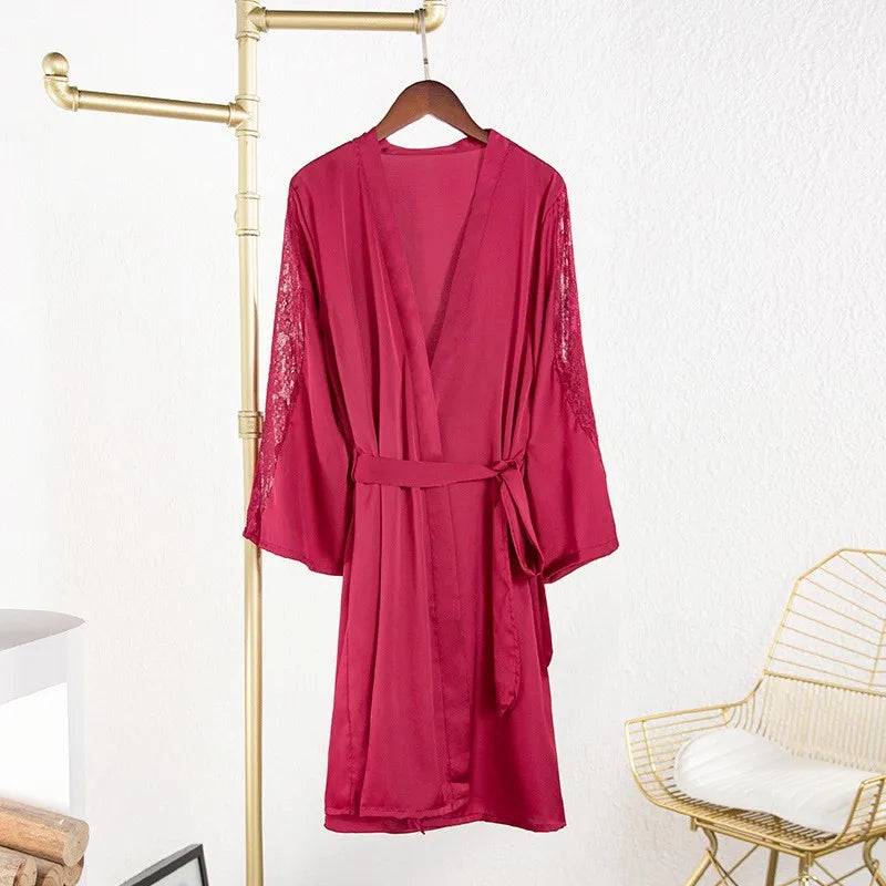 Sexy Intimate Lingerie Perspective Nightwear Lace Patchwork Home Wear Robe Suit Lady Kimono Gown Sleepwear Satin Nighty Bathrobe