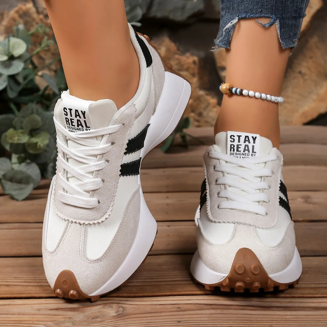 Zapatillas de deporte de fondo grueso para mujer, zapatillas de deporte informales de cuero con retales, zapatos cómodos informales para exteriores, primavera 2025