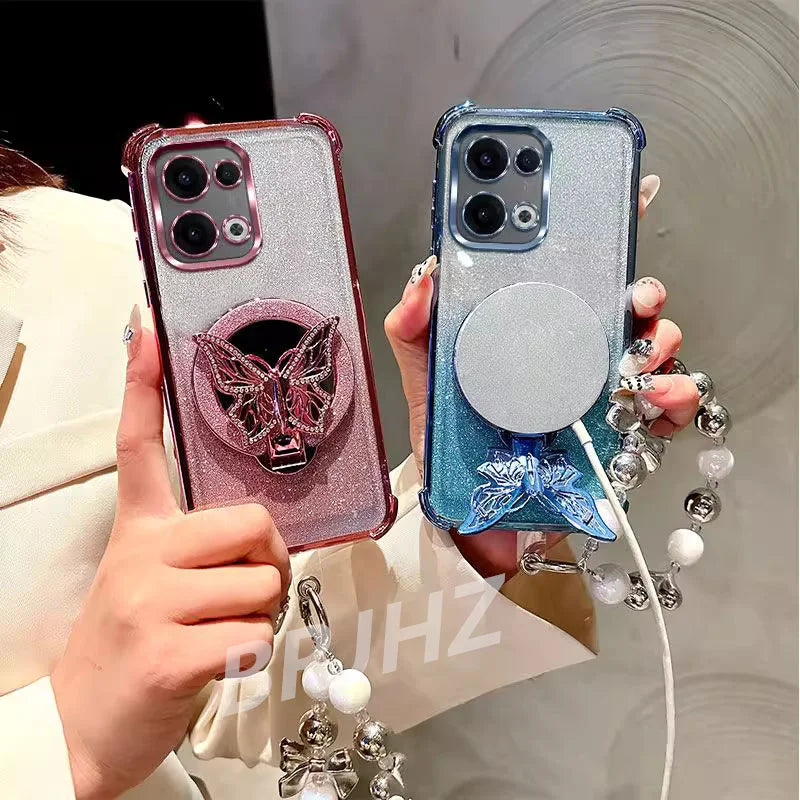 Funda Magnética Antigolpes con Espejo para Realme 14 13 12 Pro Plus C75 C71 C65 C63 C55 C53 C51, Soporte para Teléfono con Diseño de Mariposa y Correa de Pulsera