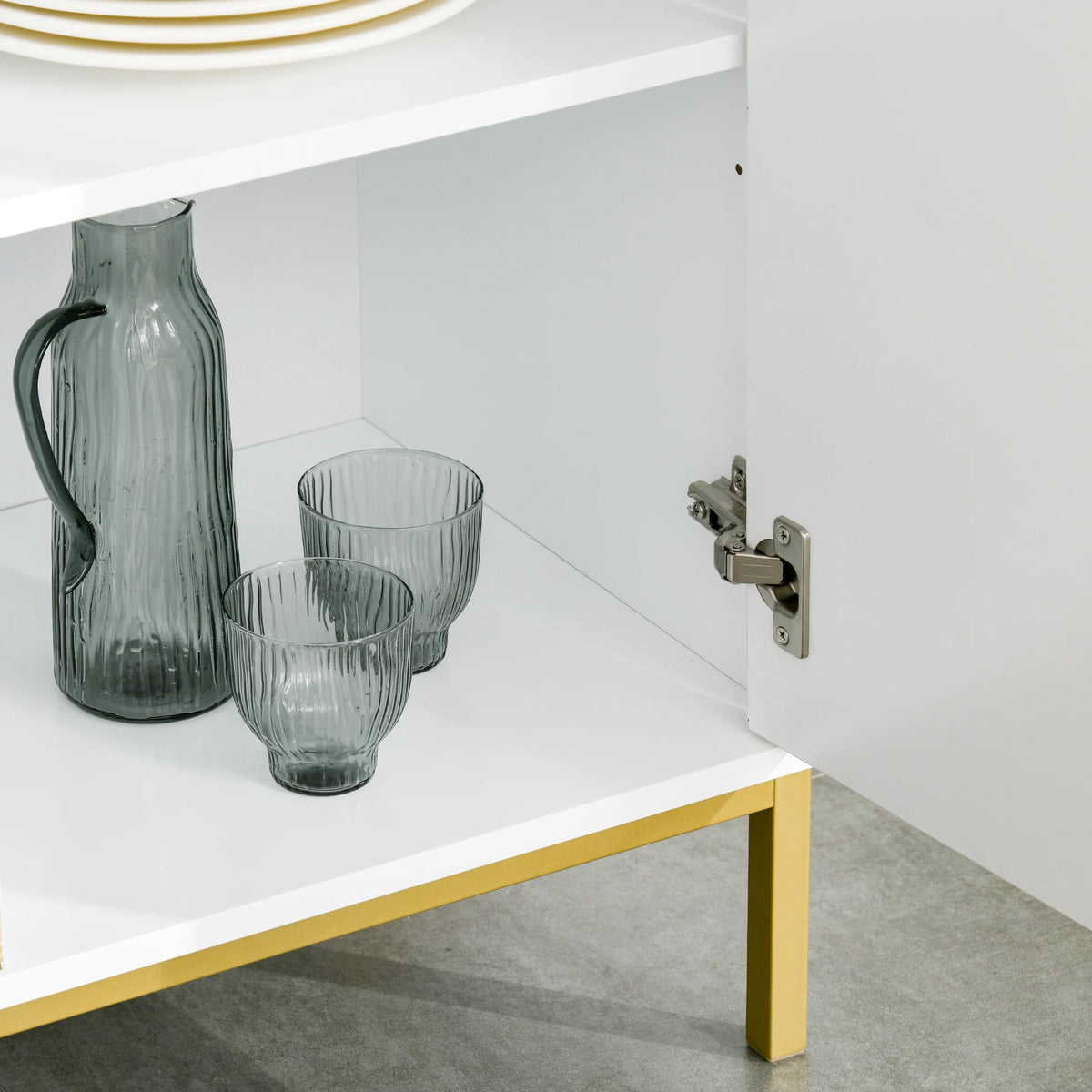 Aparador de 3 Puertas, Mueble de Cocina, Mueble para Cafetería con Patrón Chevron, Estante Ajustable y Patas de Metal, Madera Natural