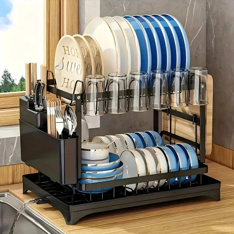 Escurridor de Platos Metálico de 2 Niveles para Encimera con Bandeja Recolectora, Organizador Diario de Cocina para el Hogar