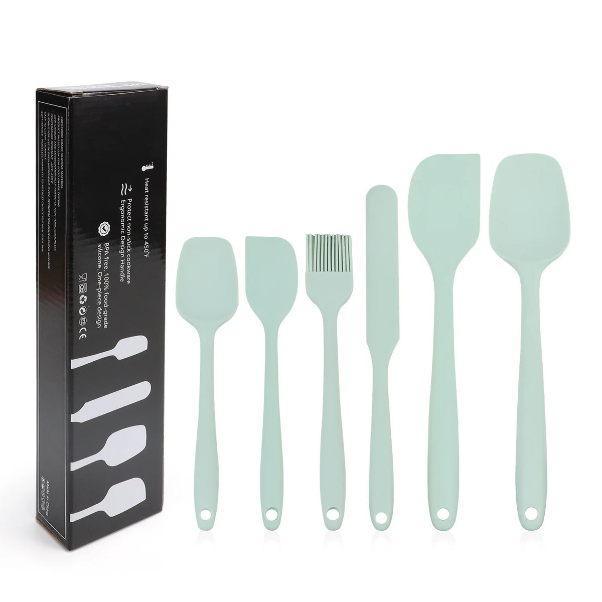 Juego de utensilios de cocina de silicona de 6 piezas, espátula integrada color crema, cepillo para aceite, juego de espátulas de diferentes tamaños