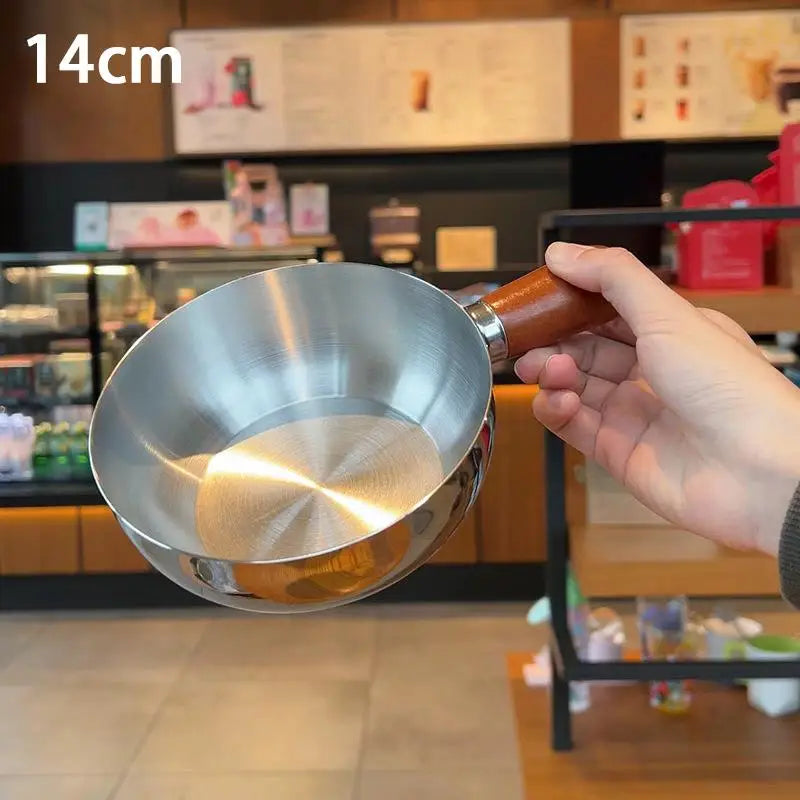 【A】Sartenes de cocina de acero inoxidable de 17 cm/14 cm con mango de madera y tapa de vidrio - Ollas pequeñas multiusos para fideos y huevos