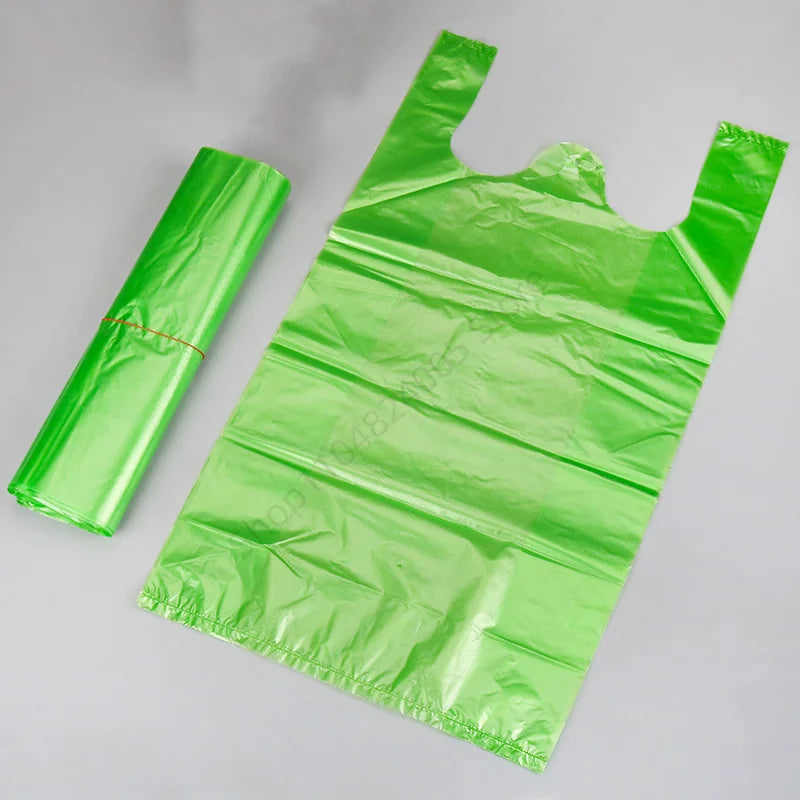 Bolsa de plástico verde de 100 Uds., bolsa de chaleco desechable con asa para cocina, sala de estar, embalaje de alimentos limpios, bolsa de compras para supermercado