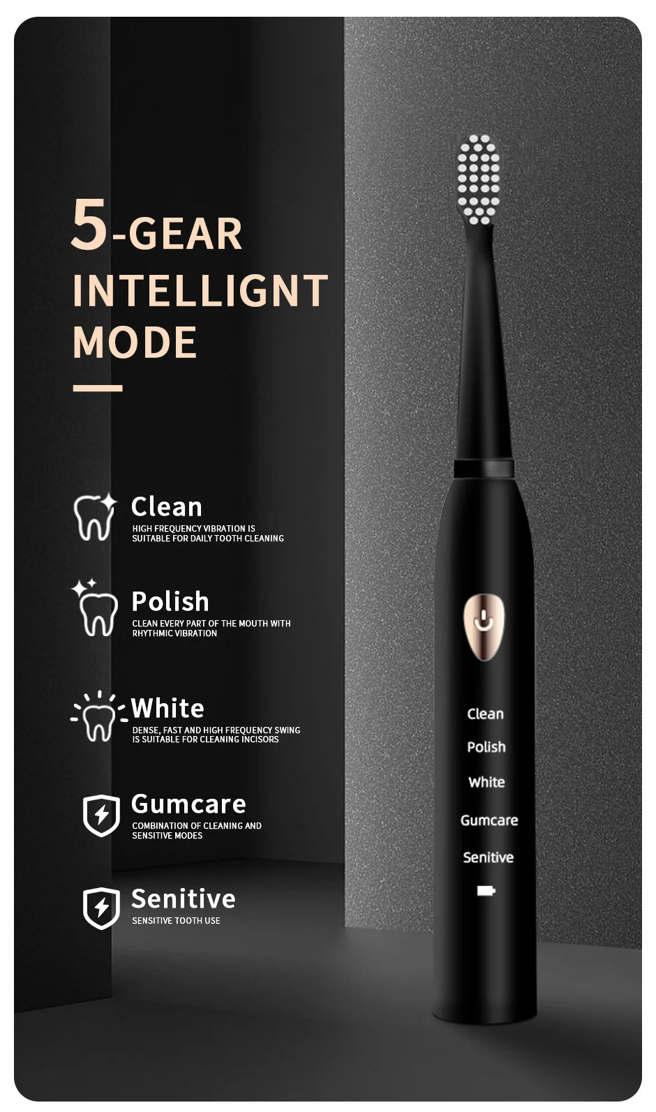 Jianpai-cepillo de dientes eléctrico para adulto, dispositivo acústico clásico, color blanco y negro, modo de 5 engranajes, carga USB, resistente al agua IPX7