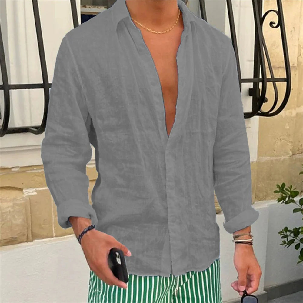 Camisa de lino y algodón para hombre, Tops informales de manga larga de Color sólido con solapa ajustada, estilo Simple, transpirables con botones, primavera y otoño