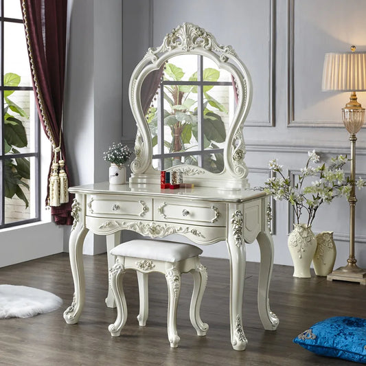 Escritorio de tocador de maquillaje de decoración europea, cajón de madera, escritorio de tocador de maquillaje blanco y negro, espejo de esquina, muebles de dormitorio principal Komody