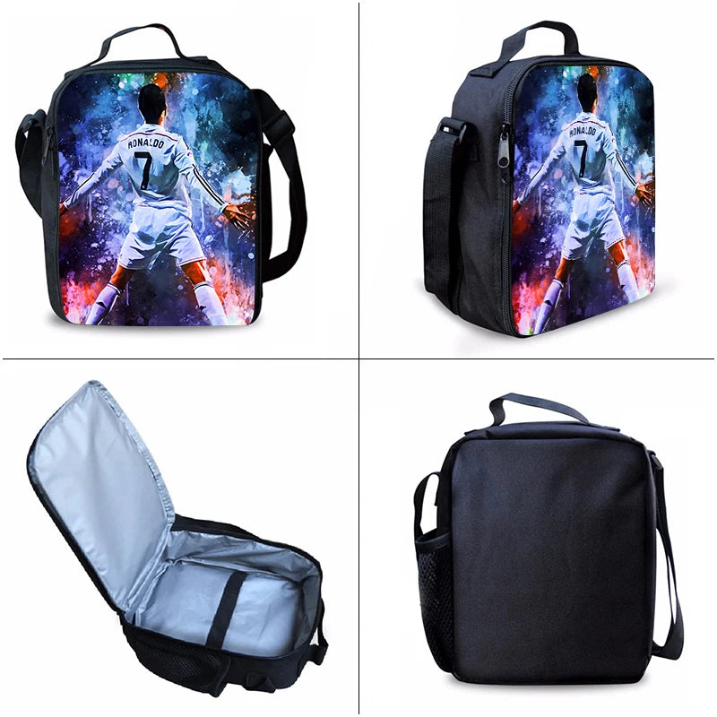 Juego de tres piezas de jugador de fútbol CR7, mochilas para niños y niñas, los mejores regalos, mochila escolar de dibujos animados en 3D para niños