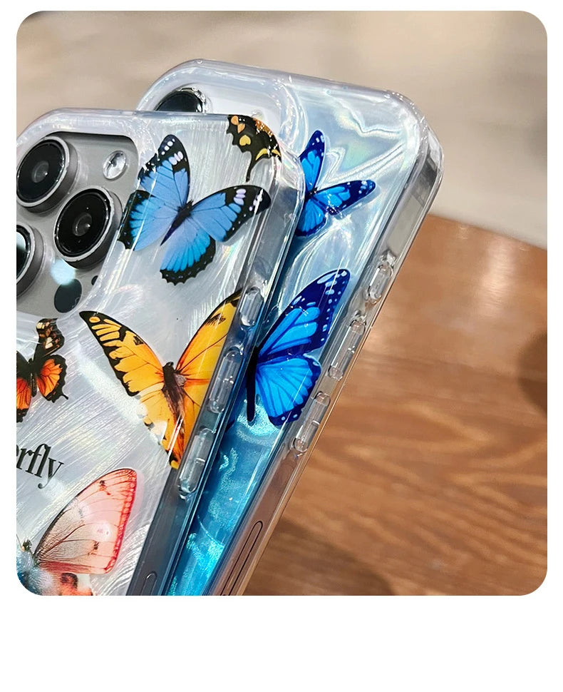 Funda de teléfono de arena con plumas graduales plateadas y mariposas de lujo para iPhone 16 15 14 13 12 11 Pro Max X XR 7 8 Plus, funda con cordón