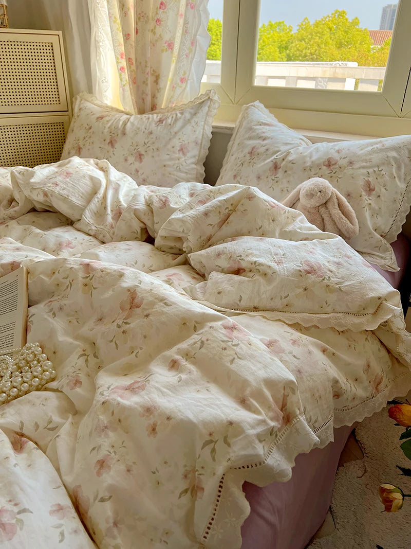 Juegos de funda nórdica de algodón lavado, juego de cama con estampado de flores individual/Queen/king, estilo princesa, funda de couette de 220x240 con encaje