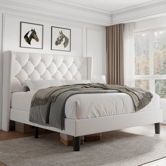 Cama Queen con Plataforma de Terciopelo, Tapizada con Botones, Estructura de Madera, Láminas de Madera, 8 Pulgadas de Espacio de Almacenamiento Debajo de la Cama, Sin Necesidad de Somier, Sin Ruido, Fácil de Montar