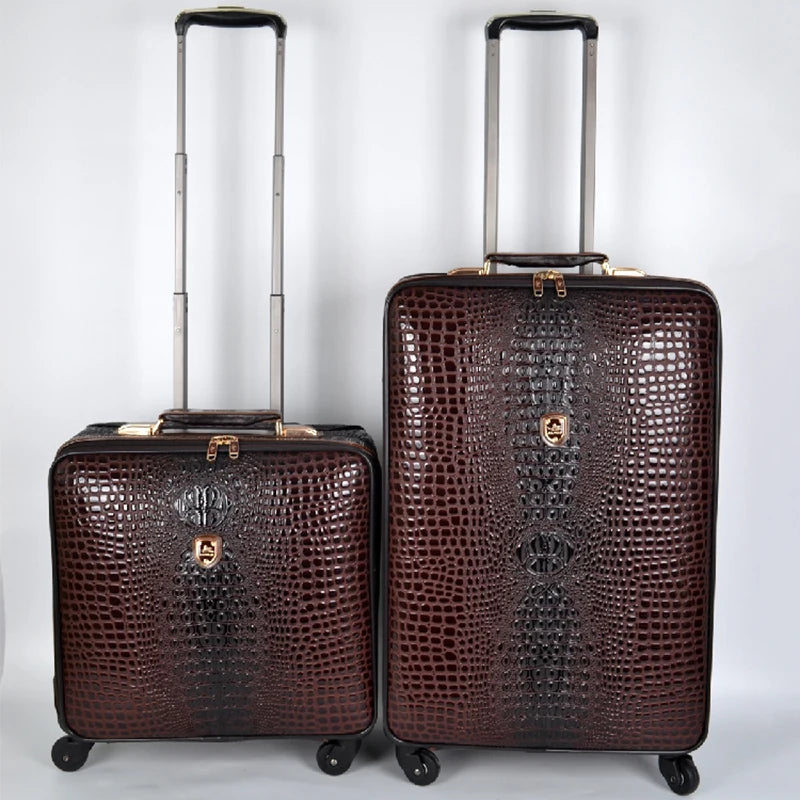 Equipaje rodante de cuero con patrón de cocodrilo, maleta con ruedas de embarque de 16/20/24 pulgadas, equipaje de viaje de cuero real para hombres y mujeres
