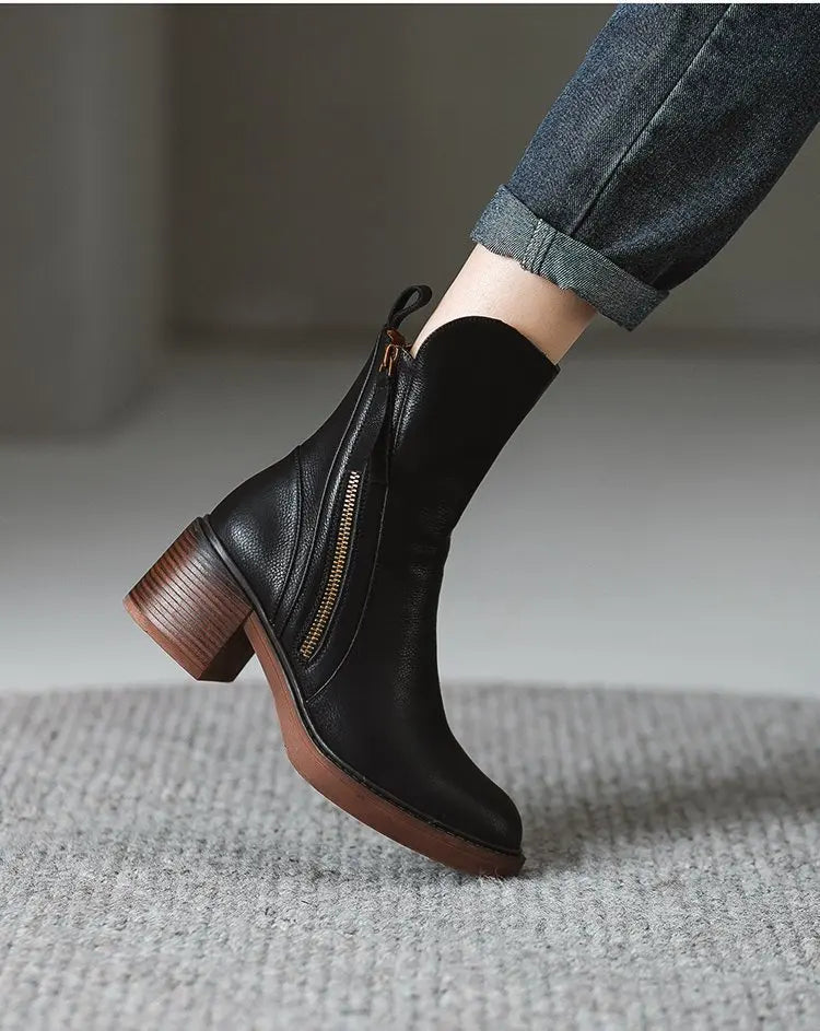 Botines de tacón alto para mujer, botas cortas de cuero con punta redonda, botas de tacón grueso, botines con cremallera lateral, tacón de plataforma para mujer