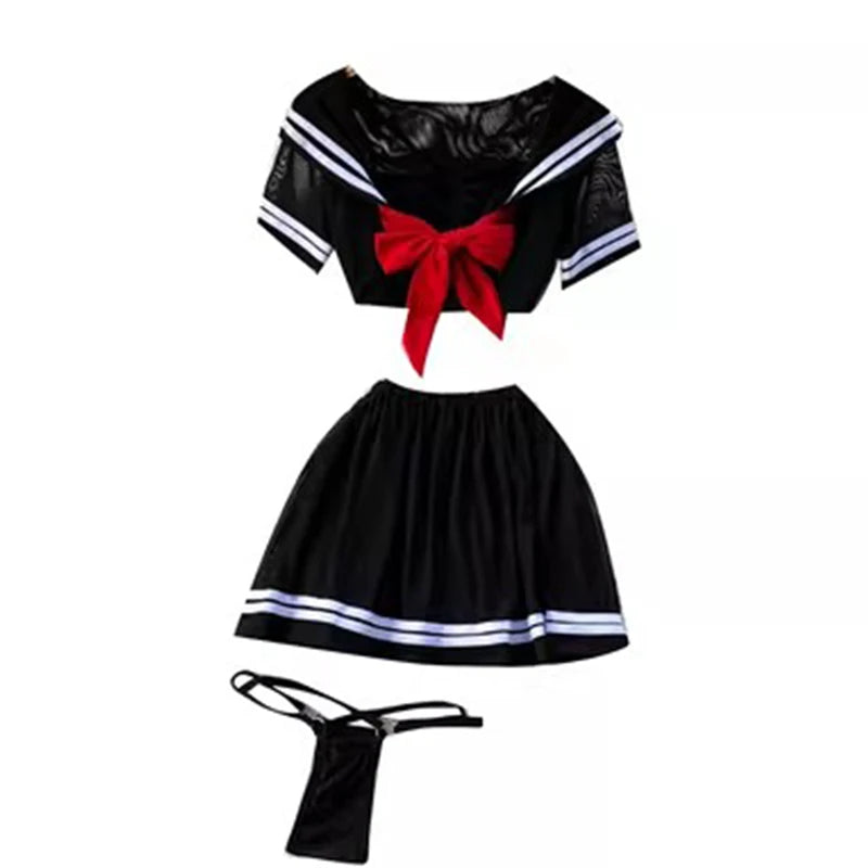 CHILLGIO-Conjunto de pijama con falda de malla transparente para mujer, ropa de dormir, lencería erótica de moda, estilo Preppy japonés