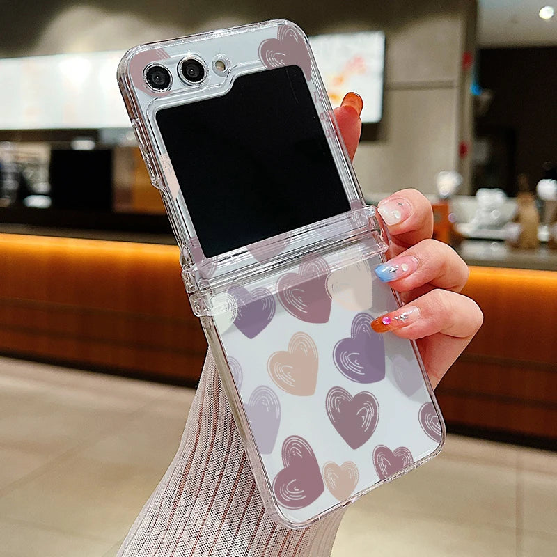 Funda de teléfono transparente con diseño de flor de amor para Samsung Galaxy Z Flip7 FE Flip 7 6 5 4 3 5G Flip5 Flip6, funda dura para PC a prueba de golpes