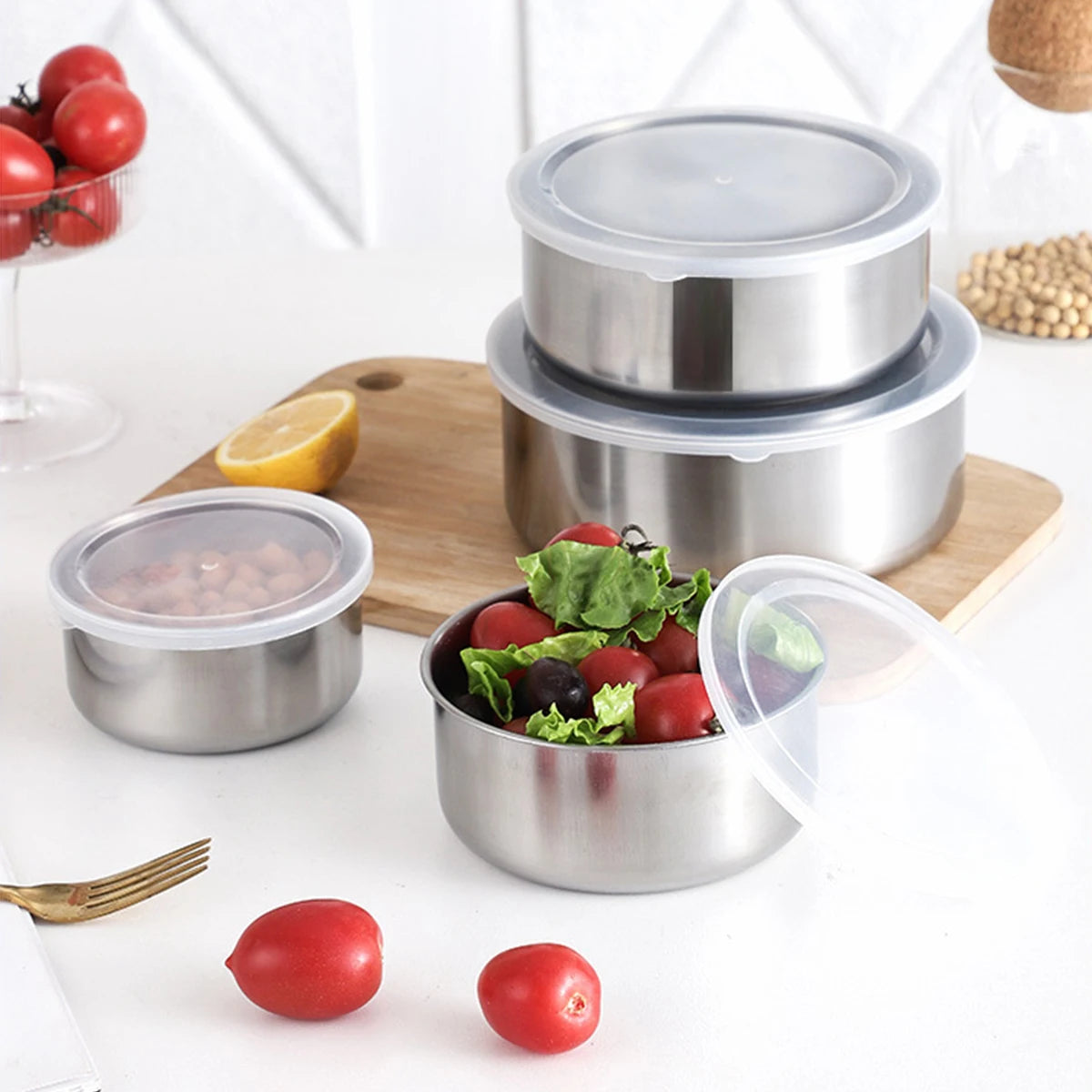Juego de cuencos para mezclar con tapas herméticas, juego de cuencos anidados de acero inoxidable, almacenamiento de cocina, contenedores de alimentos, cubertería, 5 uds.