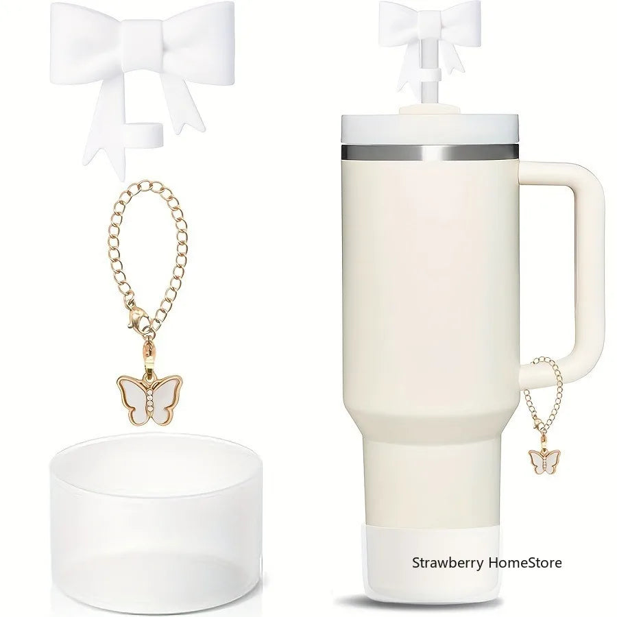 Juego de 3 Cubiertas de Silicona para Vasos con Diseño de Lazo y Cadena de Mariposa Rosa, Accesorios para Vasos de 30/40 oz ﻿