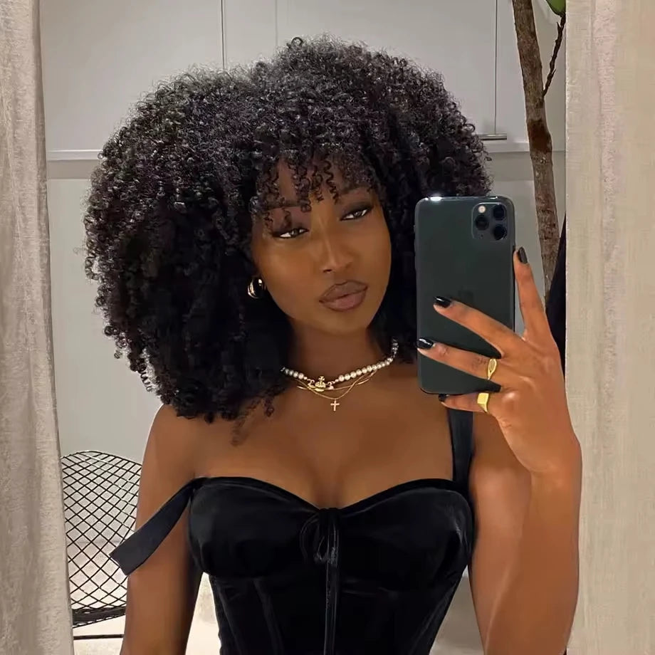 Pelucas de cabello humano rizado Afro rizado mongol con peluca Banges Banges peluca mujer sin pegamento densidad hinchable 300%